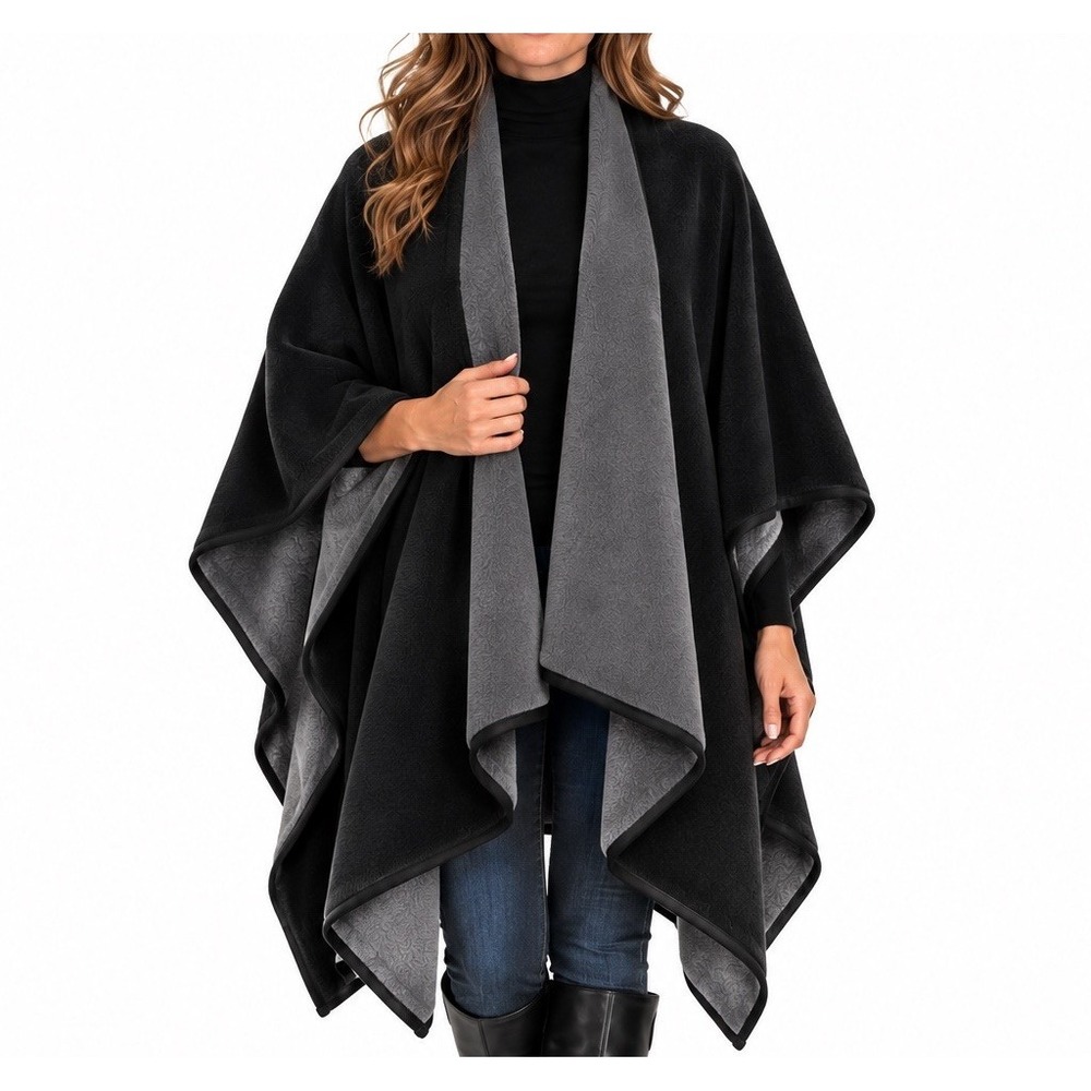 Woolrich Reversible Blanket Wrap One Size Charcoal Black Plush Fleece Poncho NWT